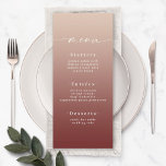 Elegant Ombre Champagne & Cinnamon Red Wedding Menükarte<br><div class="desc">Elegante Ombre Champagne & Cinnamon Red Wedding Empfang Dinner Menus. Diese moderne Chic Menu Card ist einfach klassisch und elegant mit einem subtilen ombre Farbverlauf und einem hübschen Signatur-Script-Kalligraphie-Schriftart mit Schwänzen. Im neuen Farbraum gezeigt. Erhältlich in mehreren Farboptionen, oder fühlen Sie sich frei, die Farben aus dem Editor zu bearbeiten...</div>