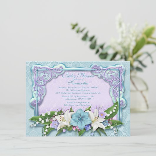 Elegant Ombre Floral Blue Baby Shower Einladung (Stehend Vorderseite)
