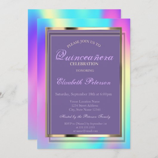 Elegant Ombre Holographic Quinceañera Einladung (Vorne/Hinten)
