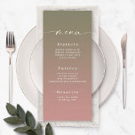 Elegant Ombre Lily Green & Dusty Rose Pink Wedding Menükarte<br><div class="desc">Elegante Ombre Lily Green & Dusty Rose Pink Hochzeitsempfang Abendessen Menü. Diese moderne schicke Menu-Karte ist einfach klassisch und elegant mit einem subtilen ombre-Farbverlauf und einem hübschen Signatur-Script-Kalligraphie-Schriftart mit Schwänzen. Im neuen Farbraum gezeigt. Erhältlich in mehreren Farboptionen, oder fühlen Sie sich frei, die Farben aus dem Editor zu bearbeiten (klicken...</div>