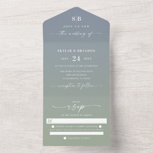Elegant Ombre Monogram Dusty Blue & Green Wedding All In One Einladung (Innen Boden)