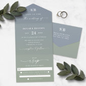 Elegant Ombre Monogram Dusty Blue & Green Wedding All In One Einladung