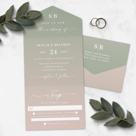 Elegant Ombre Monogram Green & Blush Pink Wedding All In One Einladung