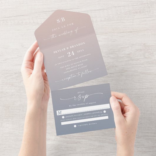 Elegant Ombre Monogram Pink & Dusty Blue Wedding All In One Einladung (Abreißen)