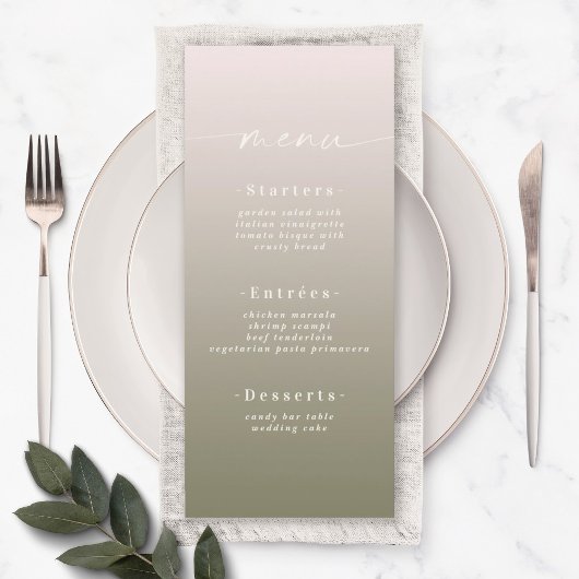 Elegant Ombre Powder Pink & Lily Green Wedding Menükarte