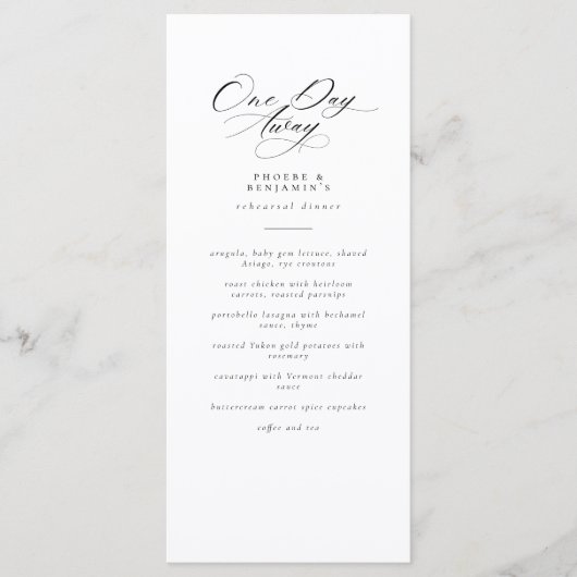 Elegant One Day Away Wedding Rehearsal Dinner Menükarte (Vorderseite)