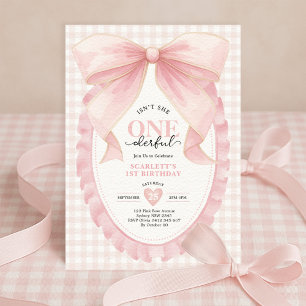 Elegant ONEderful Pink Bow Girl 1. Geburtstag Einladung