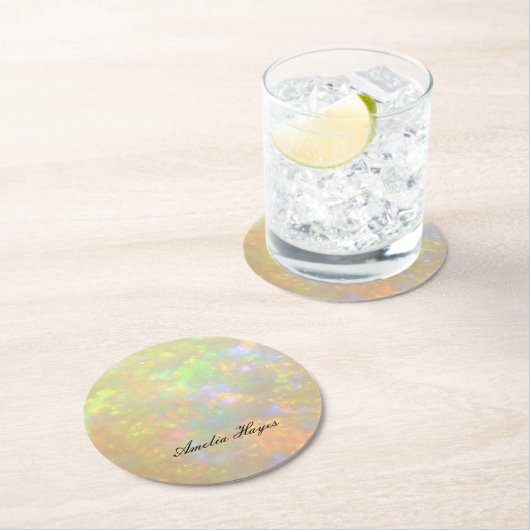 Elegant Opal Stone Texture Modern Script Custom Runder Pappuntersetzer (Vor Ort)