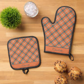 Elegant Orange & Aquamarin Royal Stewart Tartan Cu Ofenhandschuh & Topflappen-Set (Oben Unten)