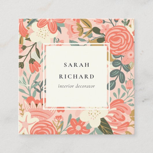 Elegant Orange Blush Pink Green Ambrosia Floral Quadratische Visitenkarte (Vorderseite)