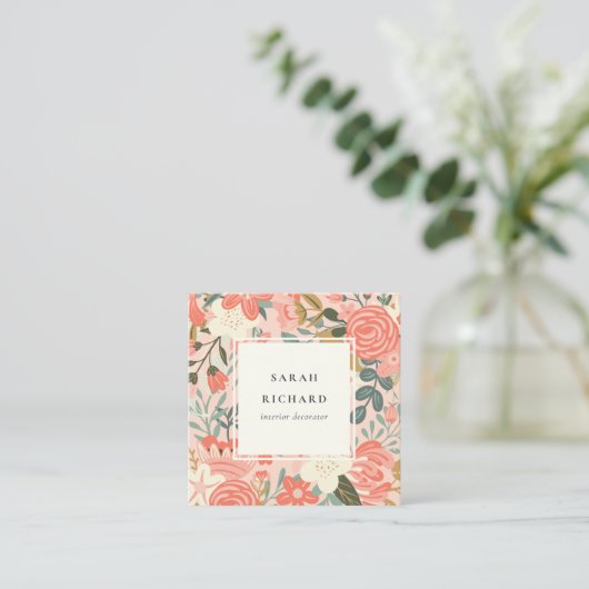 Elegant Orange Blush Pink Green Ambrosia Floral Quadratische Visitenkarte (Stehend Vorderseite)