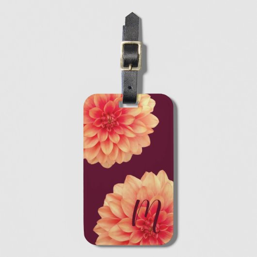 Elegant Orange Dahlias Blume Burgundy Monogram Gepäckanhänger (Vorderseite Vertikal)