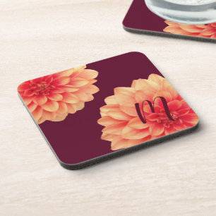 Elegant Orange Dahlias Blume Burgundy Monogram Getränkeuntersetzer