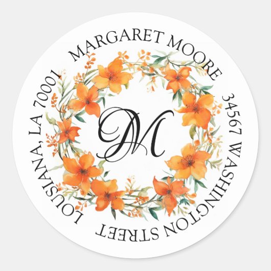 Elegant Orange Floral Script Monogram Address Runder Aufkleber (Vorderseite)