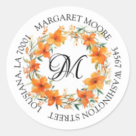 Elegant Orange Floral Script Monogram Address Runder Aufkleber