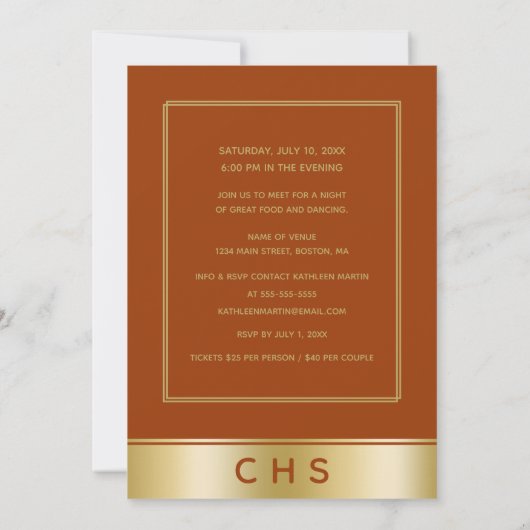 Elegant Orange Gold Script 10th Class Wiedersehen Einladung (Rückseite)