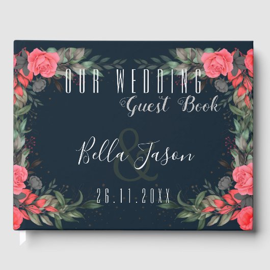 Elegant Orange Peach Gray Floral Script Hochzeit Gästebuch (Vorderseite)