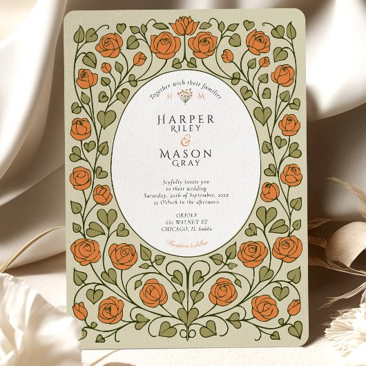 Elegant Orange Rose and Green Heart Wedding Einladung