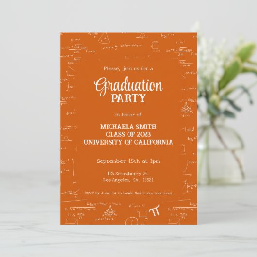 Elegant Orange Script Math Graduation Einladung (Stehend Vorderseite)