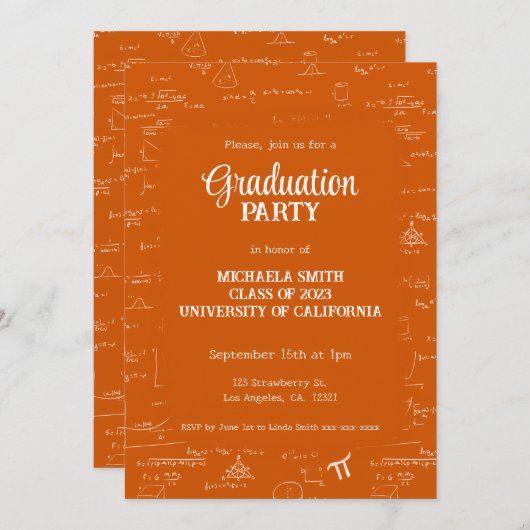 Elegant Orange Script Math Graduation Einladung (Vorne/Hinten)