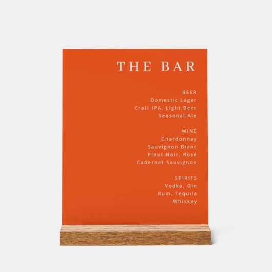 Elegant Orange Serif Bar Menu Acrylschild (Vorderseite)