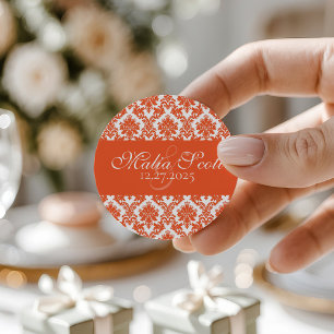 Elegant Orange White Damask Wedding Gefallen Runder Aufkleber