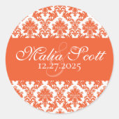 Elegant Orange White Damask Wedding Gefallen Runder Aufkleber (Vorderseite)