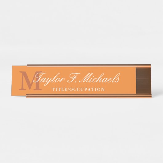 Elegant Orange White Monogram & Name Schreibtischnamensplakette (Vorderseite )