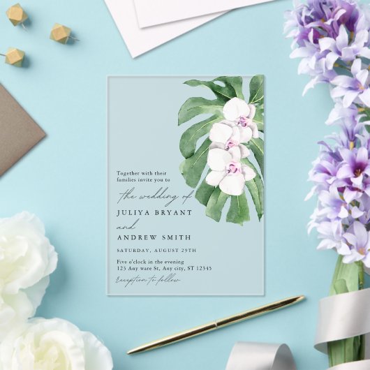 Elegant Orchid on Tropical leaf script wedding Acryleinladungen (In Situ (Hochzeit))