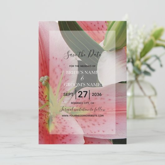 Elegant Oriental Lilies Wedding Save the Date (Stehend Vorderseite)