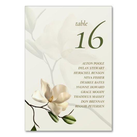 Elegant Oriental Magnolia Guest Names Tischnummer (Vorderseite)