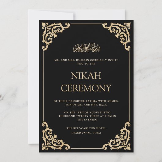 Elegant Ornate Black Gold Nikah Ceremony Wedding Einladung (Vorderseite)