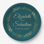 Elegant Ornate Border Dark Teal & Gold Wedding Pappteller (Vorderseite)