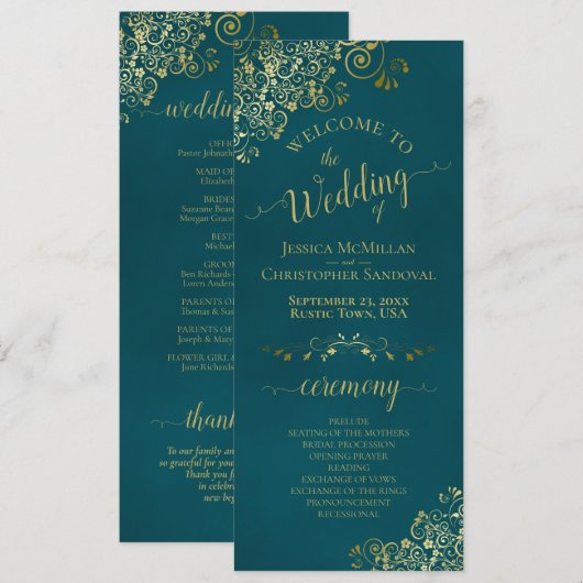 Elegant Ornate Golden Curls on Dark Teal Wedding Programm (Vorne/Hinten)