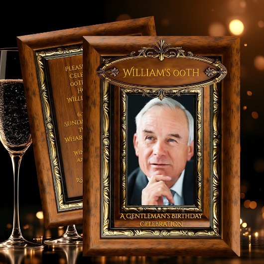 Elegant Ornate Rustic Gold Wood Photo Birthday men Einladung