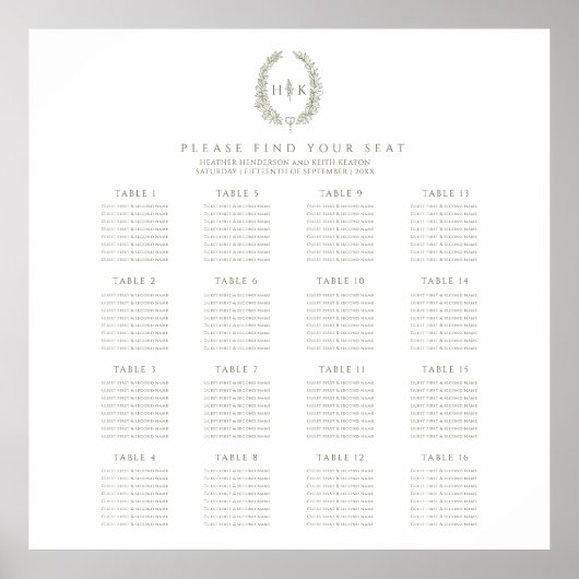 Elegant oval olive green wedding 16 tables plan poster (Vorne)