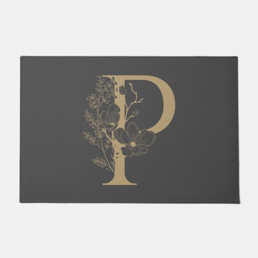 Elegant P Boho Floral Monogram Initial Gray Gold Fußmatte (Vorderseite)