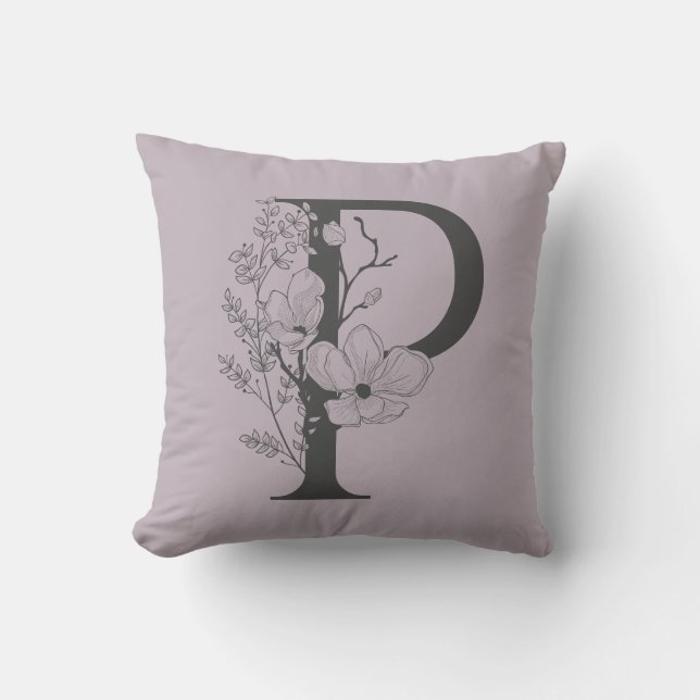 Elegant P Boho Floral Monogram Initial Lilac Gray Kissen (Vorderseite)