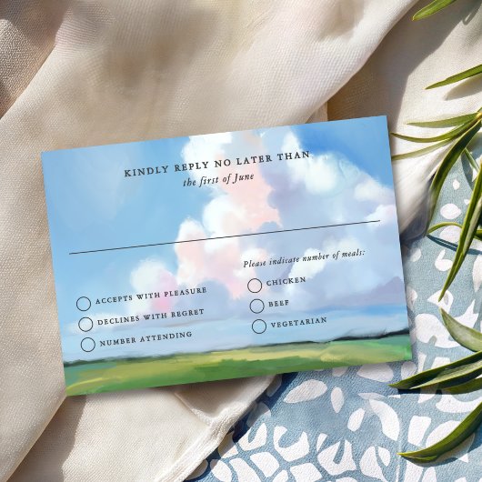 Elegant Painted Blue Sky Puffy Pink Clouds Wedding RSVP Karte
