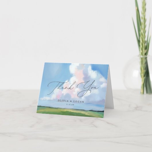 Elegant Painted Landscape Blue Sky Clouds Wedding Dankeskarte (Vorderseite)