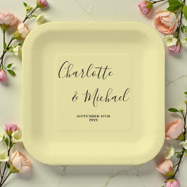 Elegant Pale Yellow Script Minimalist Wedding Pappteller