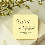 Elegant Pale Yellow Script Minimalist Wedding Quadratischer Aufkleber<br><div class="desc">These Elegant Pale Yellow Script Minimalist Wedding Square Stickers are the perfect finishing touch for your special day! Customize them with the names of the bride and groom,  along with the date,  for a truly personalized touch.</div>