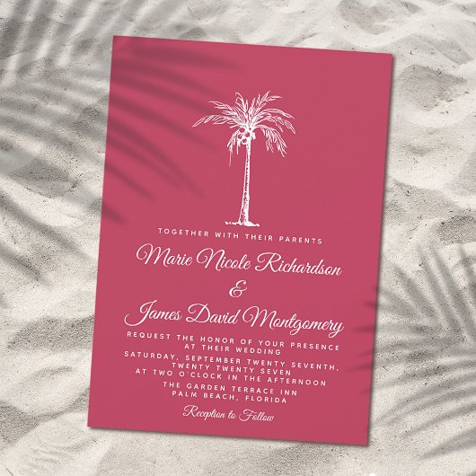 Elegant Palm Magenta Formal Beach Wedding Einladung