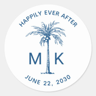 Elegant Palm Tree Monogram Blue Tropical Wedding Runder Aufkleber