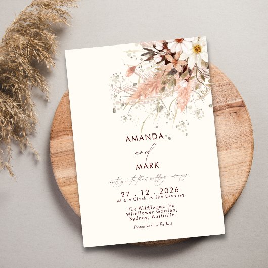 Elegant Pampas Grass Boho Wildblume Wedding Einladung