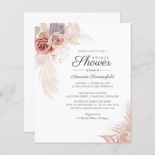 Elegant Pampas Grass Bridal Dusche Einladung (Vorne/Hinten)