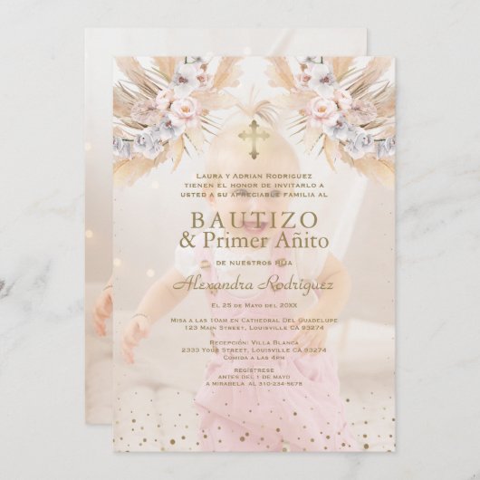 Elegant Pampas Grass Floral Primer Añito Bautizo Einladung (Vorne/Hinten)