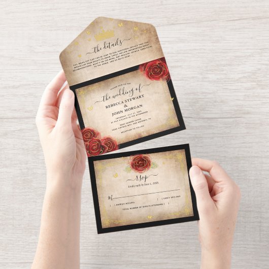 Elegant Parchment Red Rose Wedding Real Gold Foil All-in-One-Einladung (Abreißstreifen)