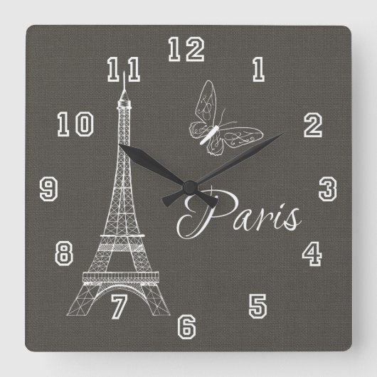 Elegant Paris Eiffel Tower Dark Gray Butterfly Quadratische Wanduhr (Vorderseite)