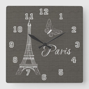 Elegant Paris Eiffel Tower Dark Gray Butterfly Quadratische Wanduhr
